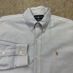 Ralph Lauren Oxford Shirt Men L Blue Solid OCBD Classic Fit 52" b006